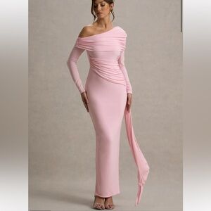 VALINA Pink Ruched Asymmetric Maxi Dress With Drape